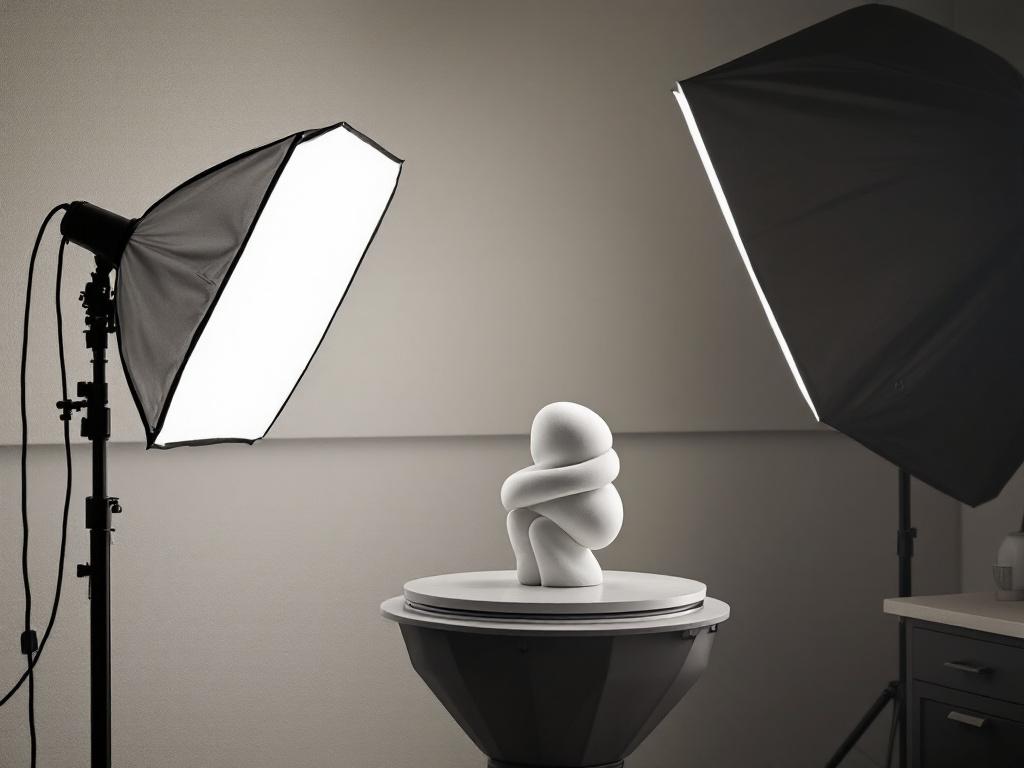 Lighting rig detail — single composed shot showing a fabric softbox positioned at 45° to a subject, white bounce card on the opposite side, overhead diffuser visible, cable management along a wall track. The subject (a product or sculpture) is mid-fr