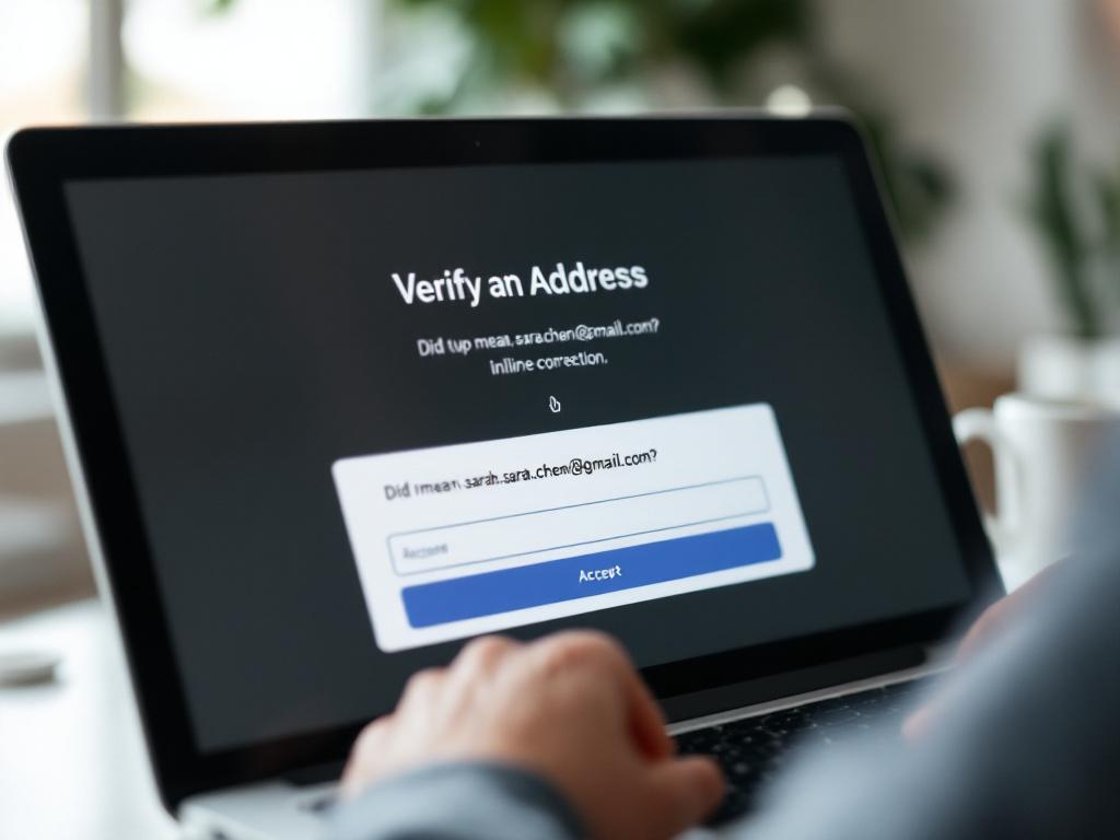 Gros plan d'un formulaire d'inscription sur l'écran d'un ordinateur portable montrant l'invite de correction en ligne « Vouliez-vous dire sarah.chen@gmail.com ? » avec un bouton d'acceptation cliquable. Éclairage naturel doux, légèrement en angle.