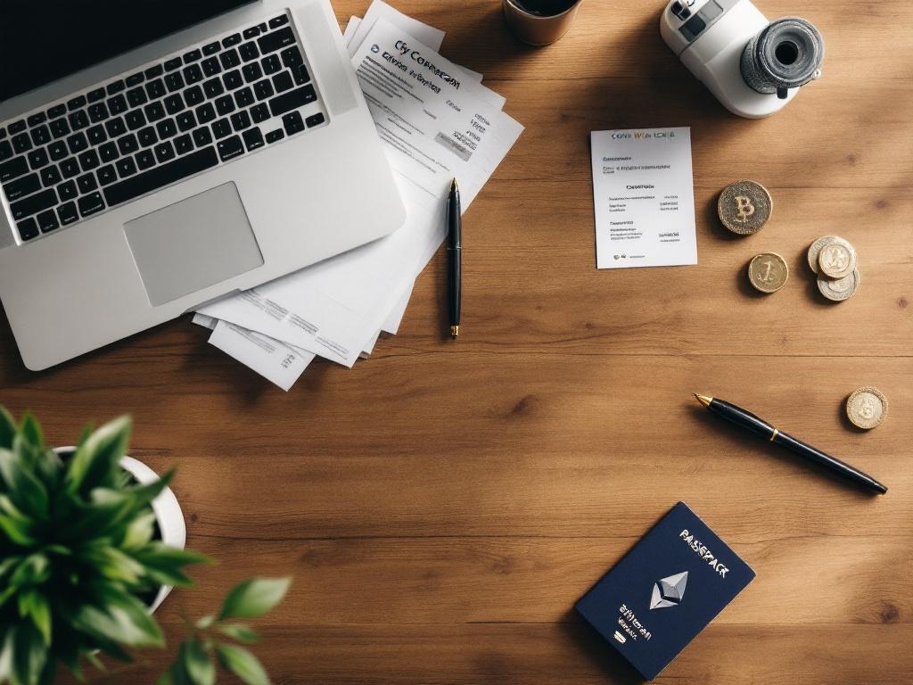 木製の机の上のフラットレイ：パスポート、公共料金の請求書、印刷されたEtherscanトランザクションページ、Coinbase出金確認を示す開いたラップトップ、万年筆。上からの角度。本当のフリーランサーの準備のように見えるようにする。ストック写真ではない。
