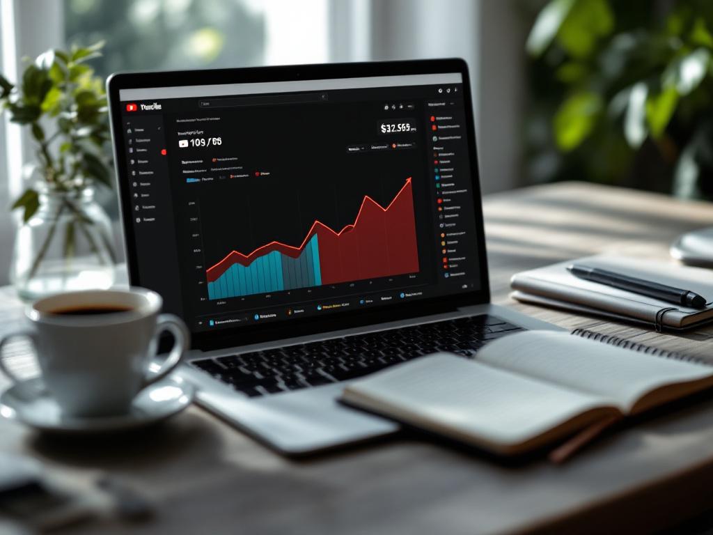 A laptop screen showing a YouTube analytics dashboard with a clear upward traffic curve, side-by-side with a notebook listing video titles in three languages (English, Spanish, Portuguese). Coffee cup, morning light. Caption: "Organic content gr