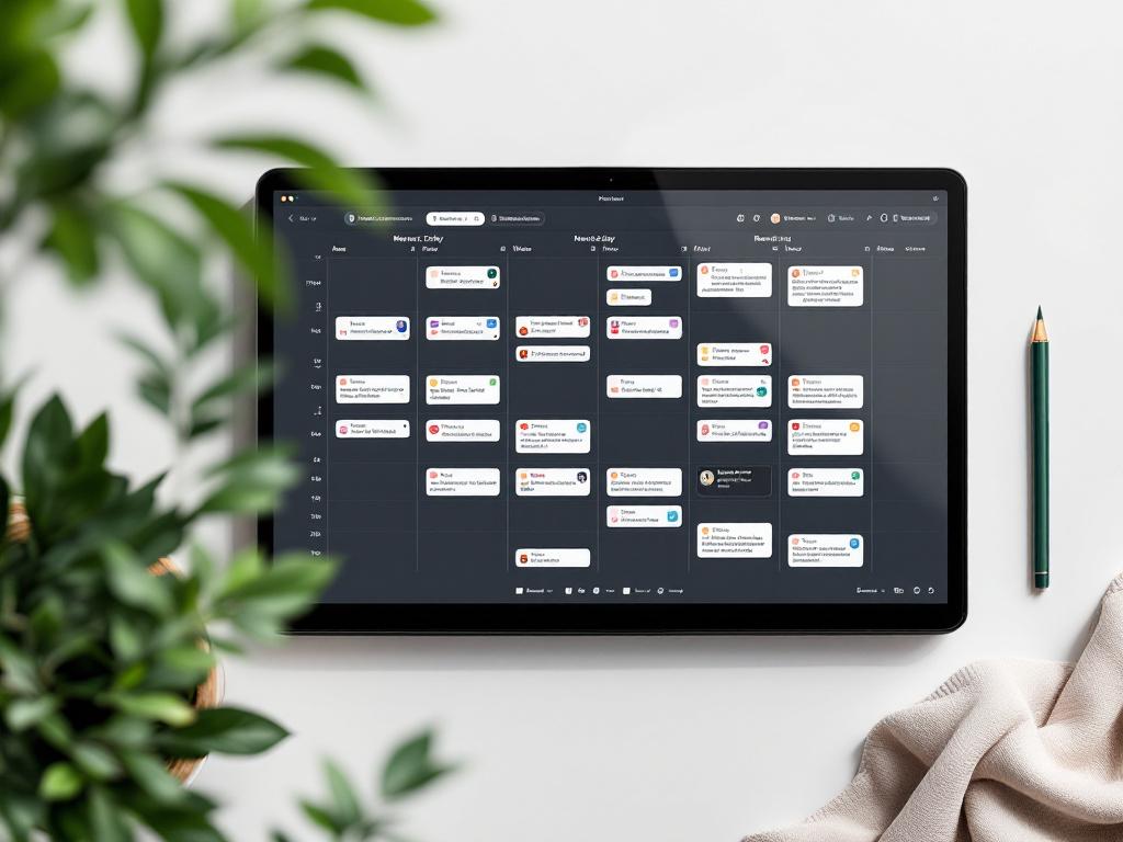 Screenshot or flat-lay of a content calendar in Notion, Airtable, or Google Sheets, showing 12 weeks of planned posts across platforms. Caption: "Plan at least 12 weeks of content before you publish week one. Sporadic publishing is worse than no