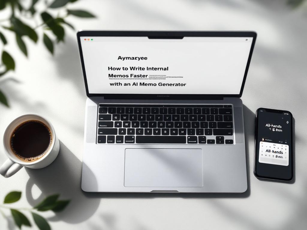 Foto aérea en primer plano de una pantalla de laptop mostrando un borrador de memo a medio escribir (cursor visible, parpadeante), una taza de café enfriándose a la izquierda, un teléfono boca abajo mostrando una notificación de calendario "Reunión general en 8 min" en el borde derecho del marco