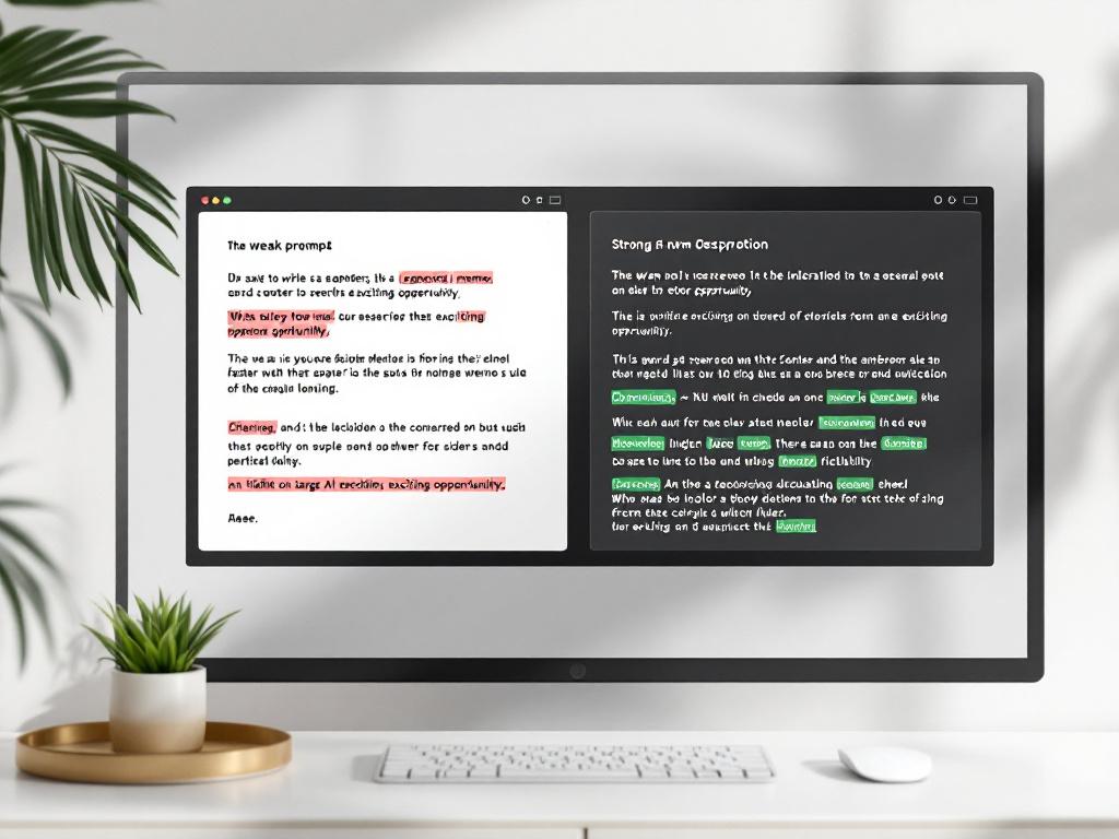 Captura de pantalla simulada lado a lado en una sola pantalla — panel izquierdo muestra el prompt débil con una salida de memo de IA genérica e hinchada debajo (visiblemente largo, marcado con resaltado rojo en frases como "oportunidad emocionante"). Panel derecho muestra el