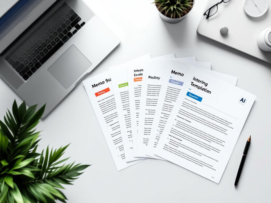 Una superficie de escritorio limpia con 5 plantillas de memo impresas abanicadas, cada una con una pequeña etiqueta de pestaña de color visible (Política / Personal / Escalada / Trimestral / Solicitud). Una laptop se sienta a un lado mostrando una interfaz genérica de documento. Ángulo de arriba a abajo, luces