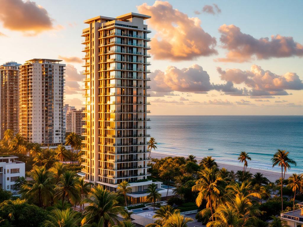 Wide-angle shot of a Florida high-rise condo tower at golden hour, palm trees in foreground, ocean visible in mid-distance. Mood: aspirational but grounded.