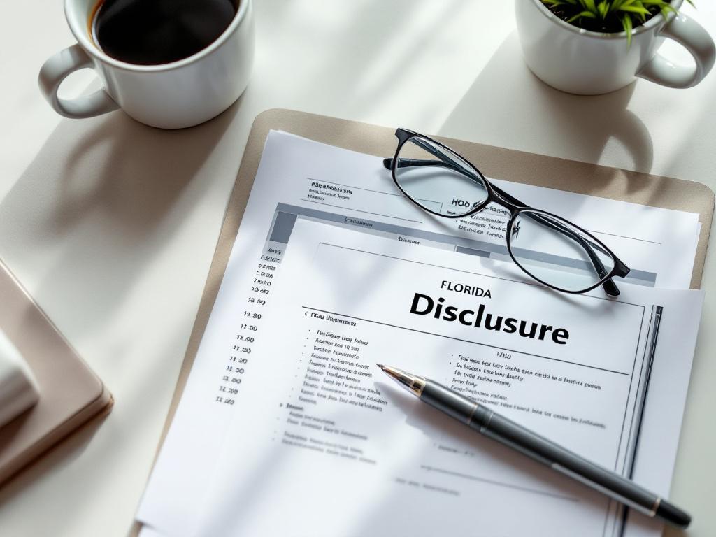 Close-up flat-lay of HOA disclosure documents on a desk — pages with highlighted numbers, a pen, reading glasses, a coffee cup.