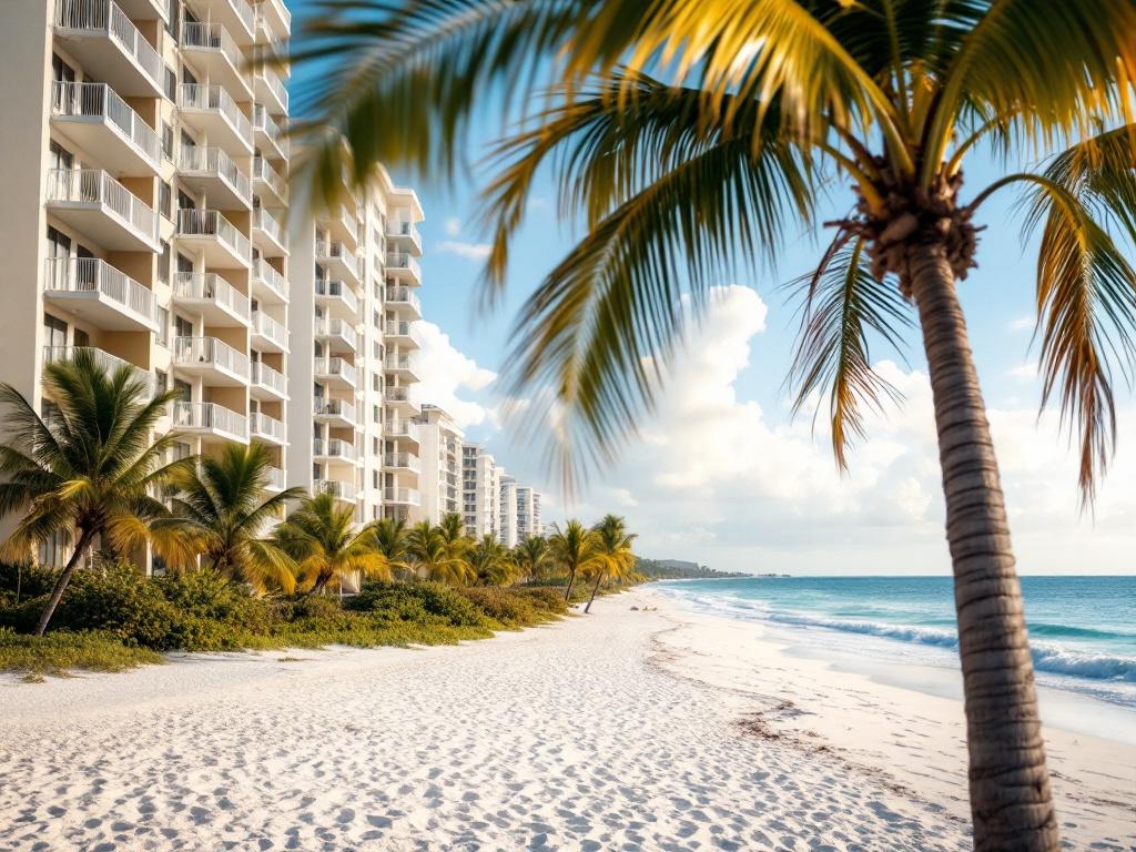Mid-rise oceanfront condo building from beach perspective — palm trees, ocean, balconies visible.