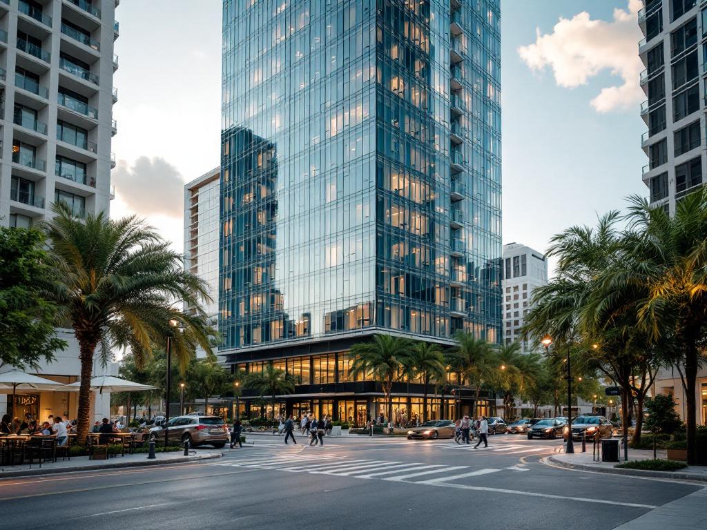 Downtown Miami or Tampa high-rise glass tower at street level — traffic, café, urban texture.