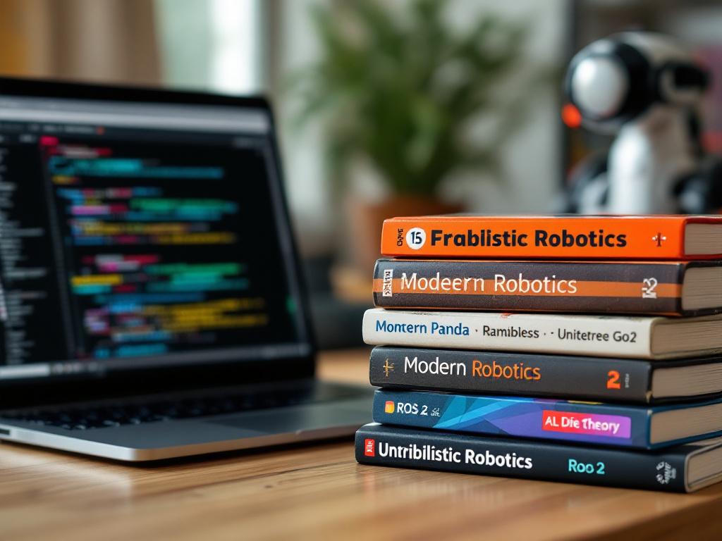 A robotics engineer's workbench — open laptop showing a terminal with a ROS 2 node running, a Franka Panda or Unitree Go2 in the background slightly blurred, and a stack of 4–5 well-used robotics books in the foreground (visible spines: at least one