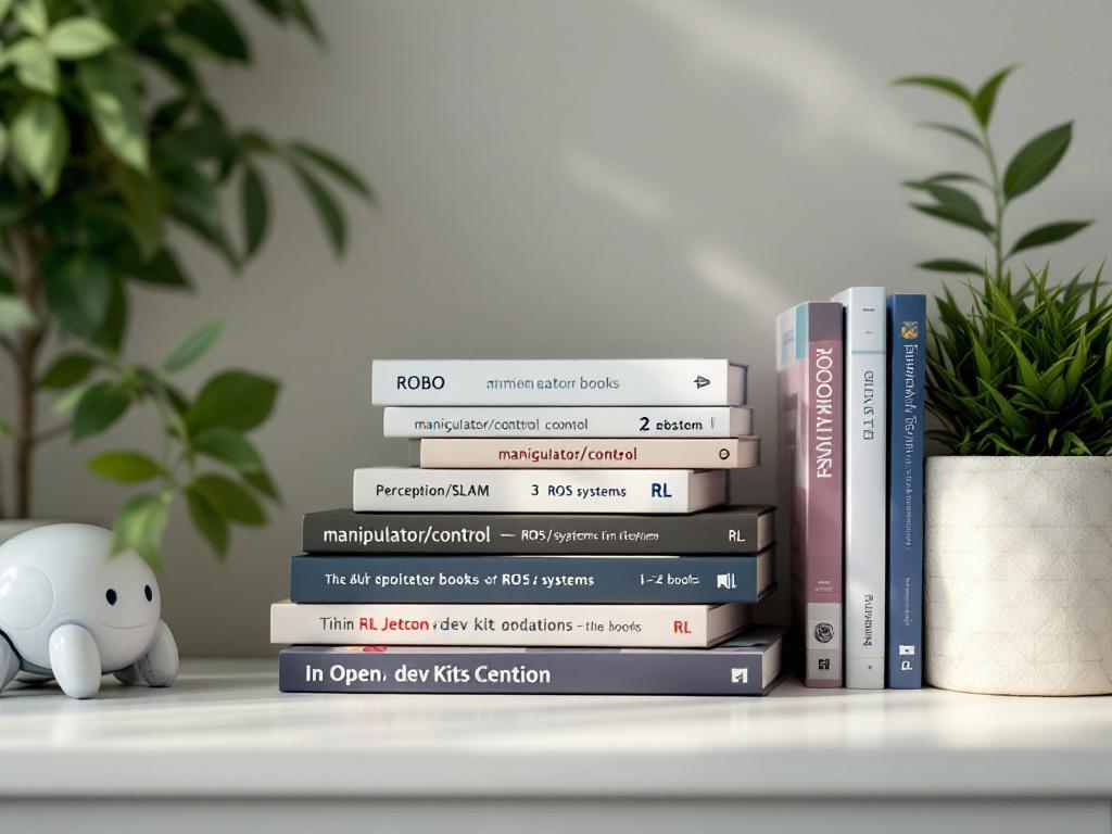 A flat-lay or shelf shot of robotics books grouped by theme — 3 manipulator/control books in one stack, 3 perception/SLAM books in another, 3 ROS/systems books in a third, 1–2 RL books, with a small humanoid figurine or visible Jetson dev kit for sca
