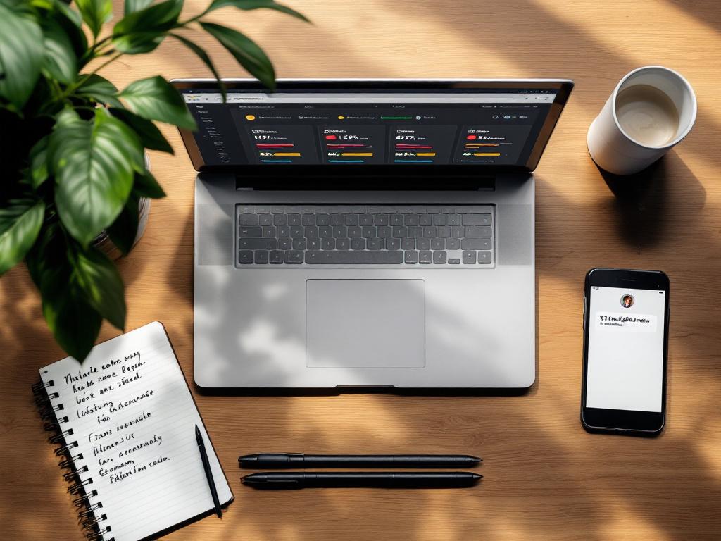 Overhead flat-lay of a workspace — laptop showing a localization dashboard with multiple language progress bars (Spanish 100%, Japanese 87%, Portuguese 64%, German queued), a notebook with handwritten glossary terms, and a phone showing a notificatio