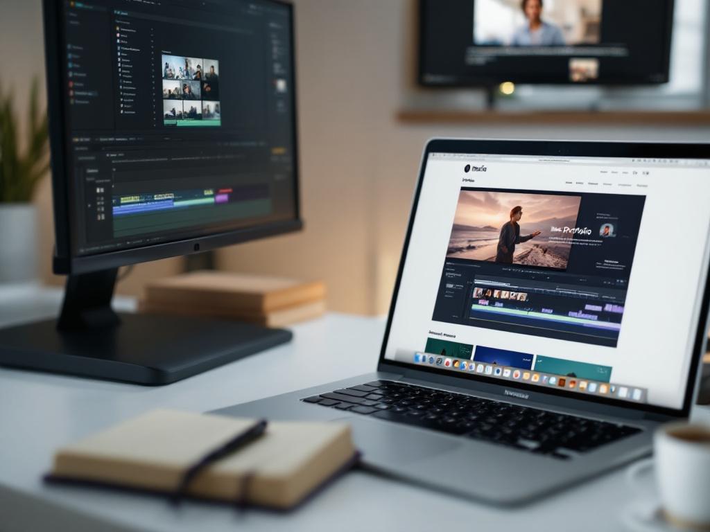 Uma captura de tela em formato amplo da área de trabalho de um editor real — laptop exibindo um site de portfólio com uma linha do tempo do reel de vídeo visível, monitor secundário mostrando software de edição (DaVinci Resolve ou Premiere), caderno com anotações de cenas manuscritas, café