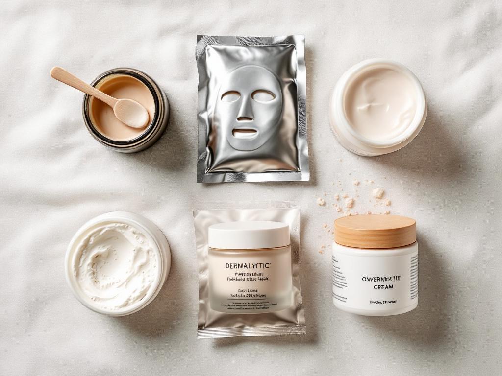 Flat-lay overhead shot of five mask formats arranged in a grid — clay jar with wooden spatula, folded sheet mask in foil packet, peel-off tube, overnight cream jar, enzymatic powder. Neutral linen background, soft top-down lighting, subtle shadow. No