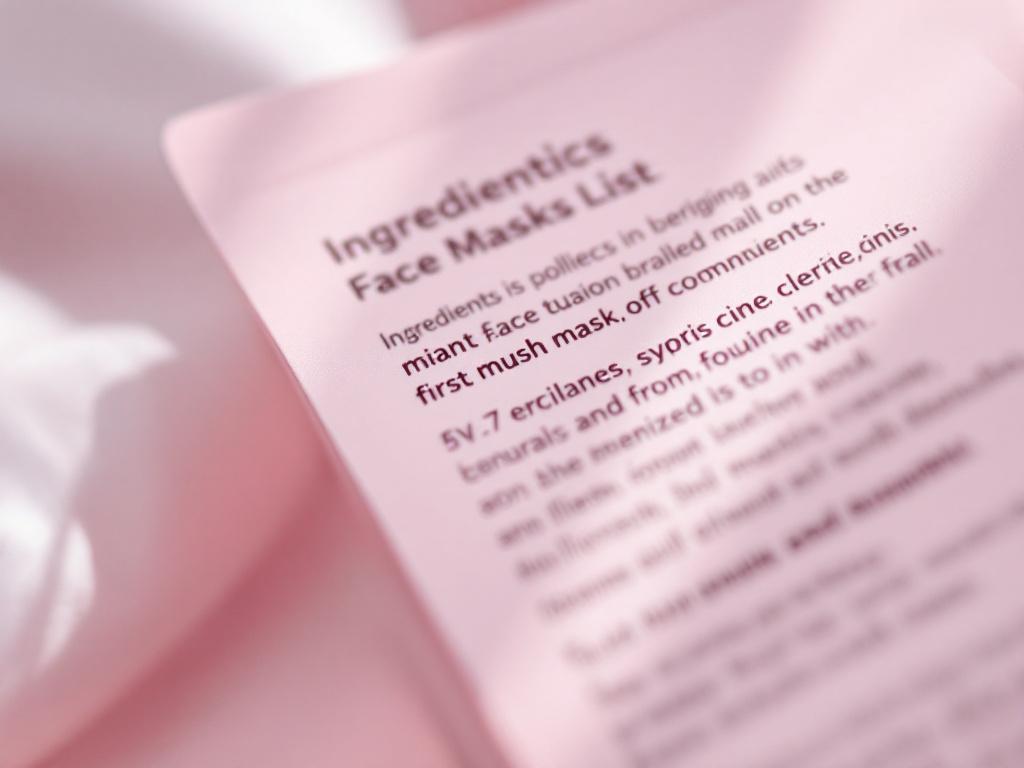Macro close-up of a face mask carton's INCI list, focus pulled to the first 5–7 ingredients. Slight angle, no brand logo visible, real readable text. Lit with diffused side light to make small print legible.