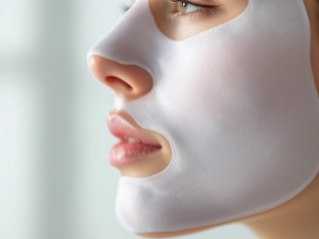 Side-view close-up of a sheet mask correctly applied, smoothed against the cheek, edges tucked under the jaw. Soft natural light, focus on adhesion (no air bubbles, no bunching). No model identifying features — partial face/jaw only.