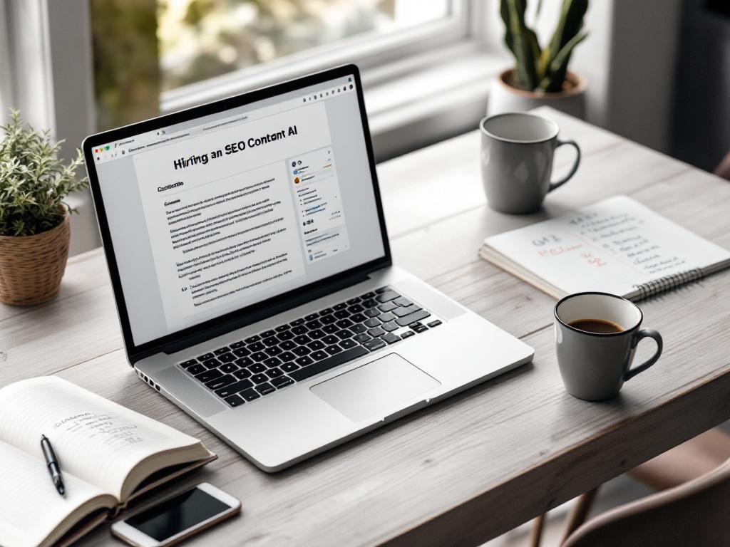 Wide-angle desktop shot of a content marketer's workspace at decision-point — open laptop displaying a Google Docs draft on left half of screen, an AI chat interface on right half, paper notebook with handwritten budget math ($8,000, 40 articles, dea