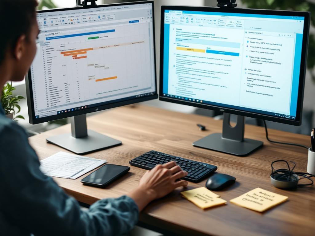 Mid-shot of a content writer at a standing desk, two monitors visible — left monitor shows a competitor analysis spreadsheet with SERP positions and content gaps highlighted, right monitor shows a draft document with margin comments. Sticky notes on 