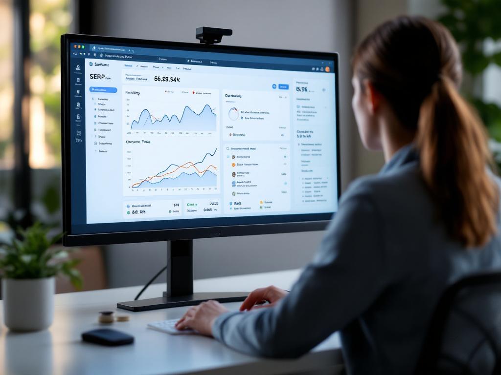 Over-the-shoulder shot of a person reviewing a SERP analysis dashboard on a large monitor — visible elements include ranking position chart, organic traffic graph trending upward, competitor URL list with manual annotations.