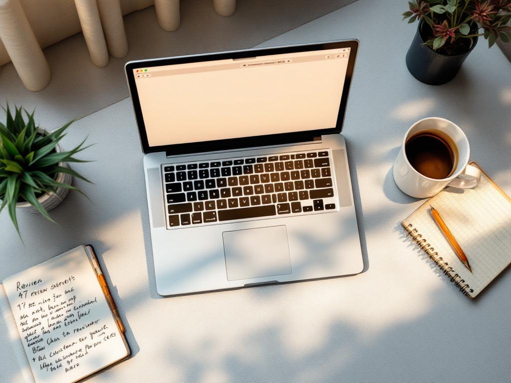 A clean overhead desk shot showing a laptop displaying an eCommerce product page with a sparse review section (visible "47 reviews"), a notebook with handwritten notes on customer support tickets, and a coffee cup. Warm natural lighting, sl