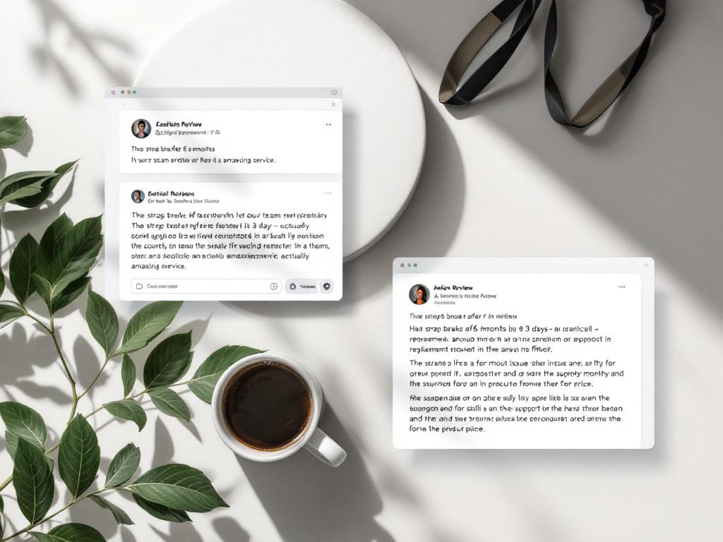 A split-screen mockup. Left half: a screenshot-style image of an anonymized support ticket where a customer says "The strap broke after 6 months but your team replaced it in 3 days — actually amazing service." Right half: a generated produc