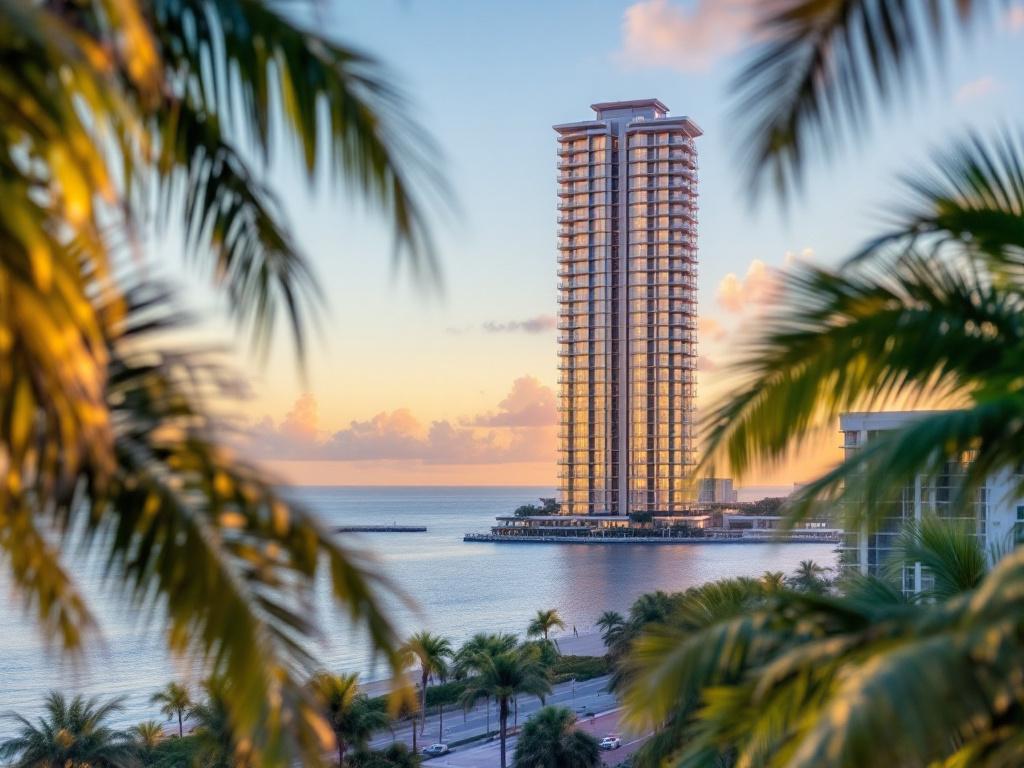 Hero image — wide-angle exterior shot of a Boca Raton condo tower at golden hour, Intracoastal or ocean visible in the background, palm trees framing the foreground. Should communicate "Boca Raton condo lifestyle" without identifying a spec