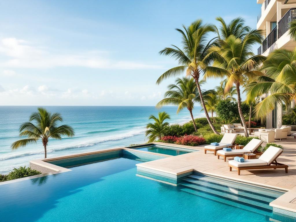 Lifestyle shot of an oceanfront condo amenity area — infinity pool overlooking the Atlantic, lounge chairs, palm trees. Should suggest the premium tier without identifying a specific named building.
