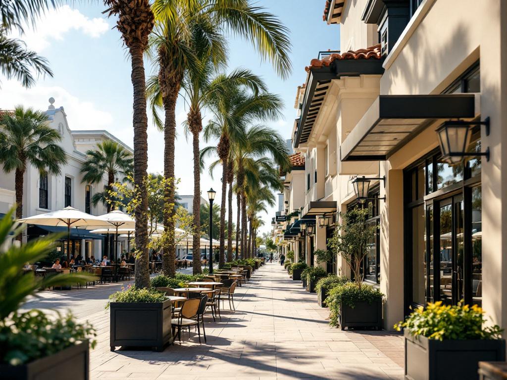 Pedestrian-level streetscape from Mizner Park or Royal Palm Place — outdoor dining, retail storefronts, palm-lined sidewalk, midday natural light. Communicates "walkability" as a tangible feature.