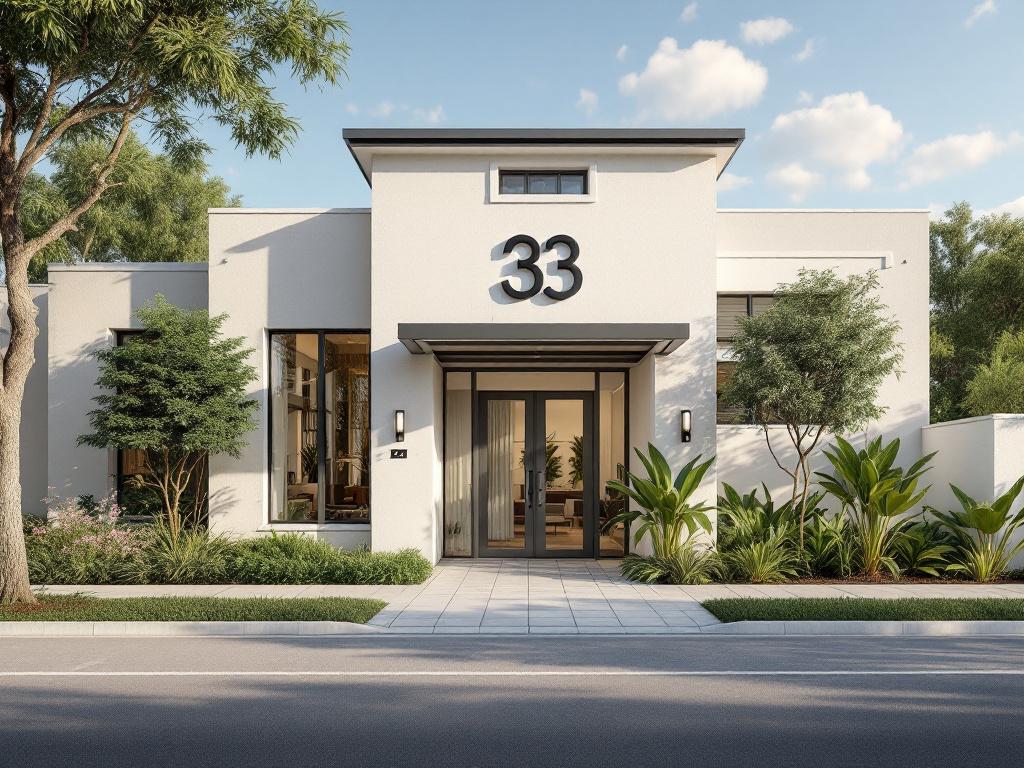 Exterior of a contemporary or recently renovated west-tier condo building or community entrance — should communicate "newer/renovated/value tier" rather than premium luxury. Daytime, clean architectural lines, landscaping visible.
