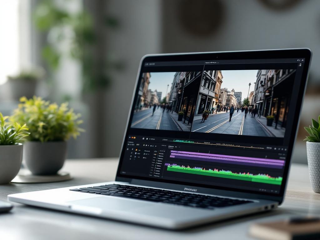 شاشة الكمبيوتر المحمول تعرض مقارنة فيديو جنباً إلى جنب — إطار يسار ناعم وحبيبي بشكل واضح (لقطات أرشيفية بدقة 480p من شارع حضري)، إطار يمين أكثر حدة ووضوحاً بدقة 4K، مع خط زمني محرر الفيديو مرئياً في أسفل الشاشة.
