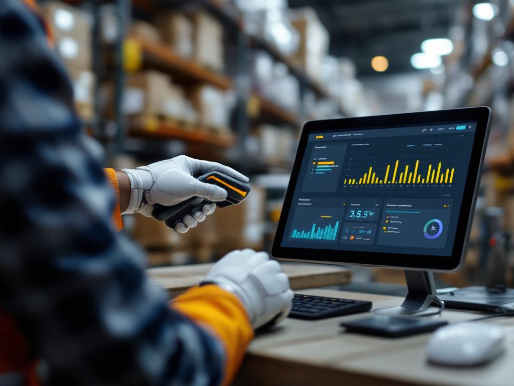 Close-up of warehouse worker scanning a barcode on a pallet while a tablet on a nearby workstation displays an inventory management dashboard. Conveys the bot/human handoff visually.