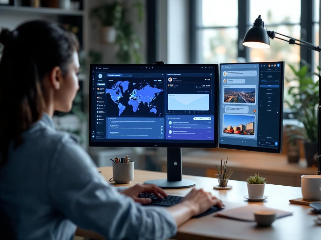Operations manager at a desk reviewing a screen split between a logistics map/exception list and an email/Teams chat — illustrates the human decision step downstream of bot detection. Avoid showing identifiable software brands.
