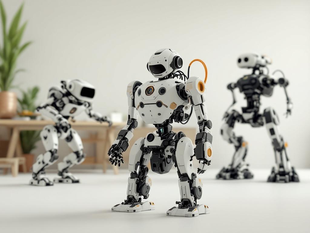 Wide-angle simulation screenshot showing four robots in a Gazebo or Isaac Sim scene — a UR5e on a workbench, a Franka Panda mid-reach, a TurtleBot3 on the floor, and a Spot-style quadruped in the background. Clean neutral background, soft simulation 