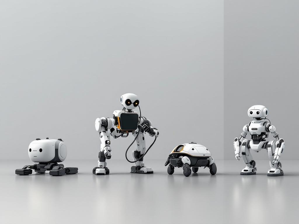 Side-by-side simulation screenshot showing four robots at matched scale: industrial 6-DOF arm (left), Franka Panda 7-DOF arm (center-left), TurtleBot3 (center-right), quadruped (right). Neutral gray simulation floor, identical lighting, no environmen