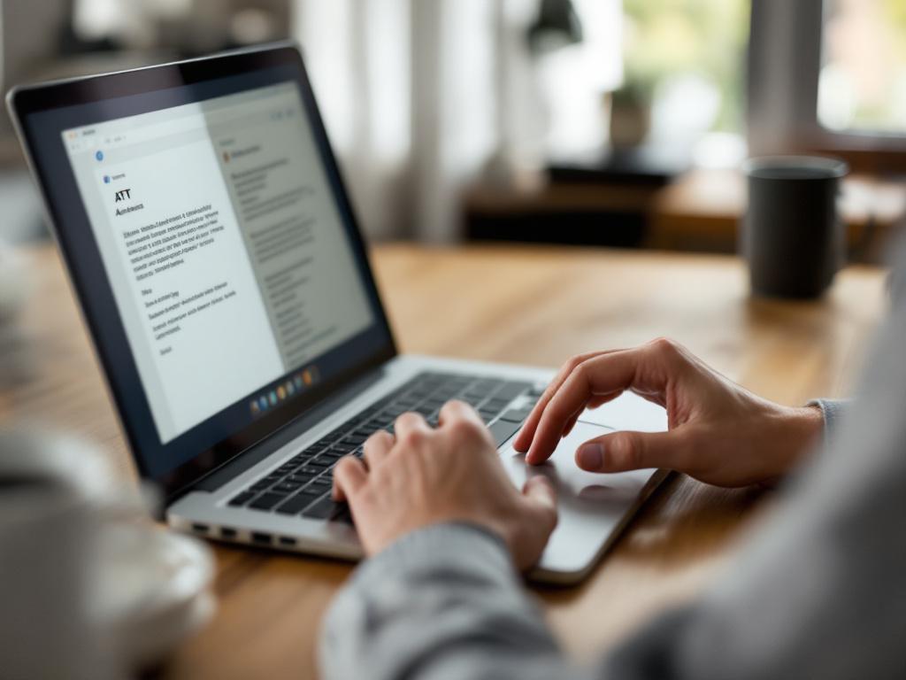 A close-up over-the-shoulder shot of a person at a kitchen table looking at an open laptop. On the laptop screen, an email client is visible with an unread message from "AT&T" in the inbox. The person's hand hovers over the trackpad, hesita