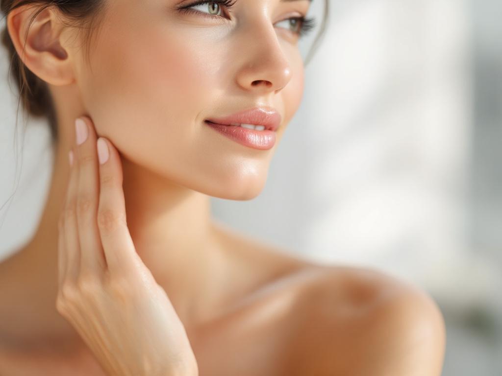 Close-up portrait of a woman in her late 30s or 40s in soft natural light, hand lightly touching her jawline, neutral expression, no extreme retouching. Realistic skin texture visible. Shot from a 3/4 angle.