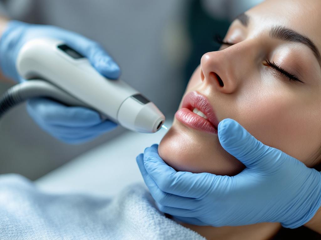 Clinical setting — a practitioner's gloved hand holding a radiofrequency or HIFU handpiece against a patient's lower face, soft clinical lighting, professional and de-medicalized.