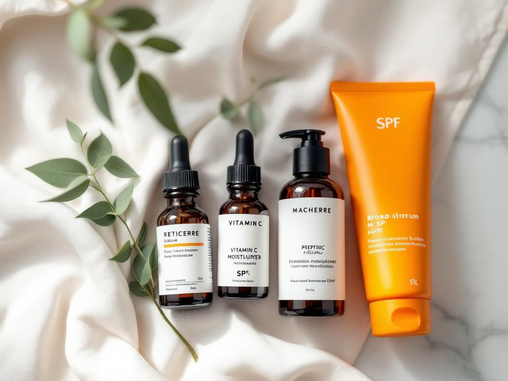 Overhead flat-lay on neutral linen or marble — a retinoid serum, a vitamin C bottle, a peptide moisturizer, and a broad-spectrum SPF arranged neatly with a sprig of greenery or simple ceramic dish. Soft natural light. No logos visible.