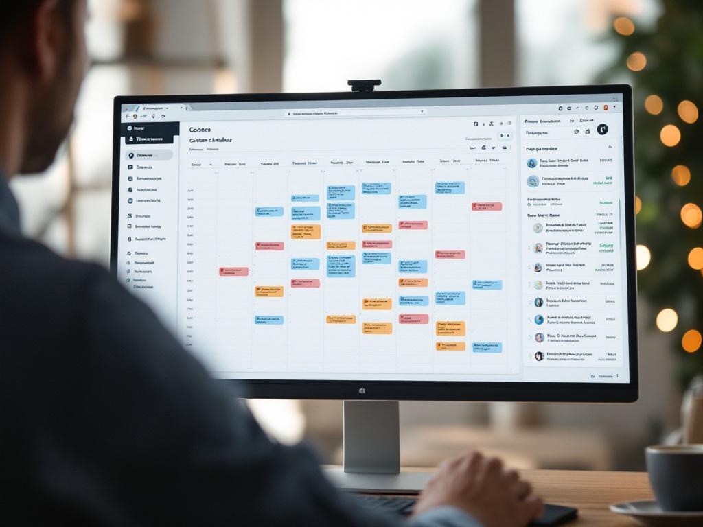 لقطة من فوق الكتف لشاشة مستراتيج محتوى تظهر تقويم محتوى Notion أو Airtable مع مجموعات ملونة ومشفرة، و12+ منشور مجدول مرئي، ولوحة جانبية توضح بيانات البحث عن الكلمات الرئيسية. إضاءة مكتب دافئة، موضوع واحد.
