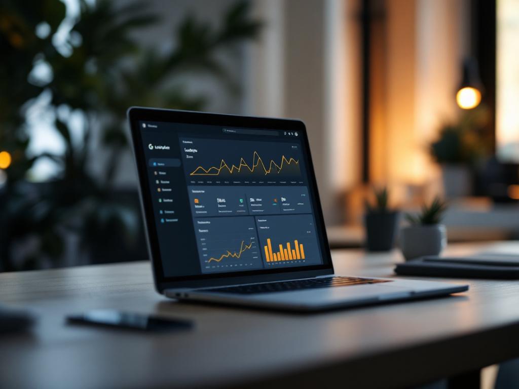 شاشة كمبيوتر محمول تعرض لوحة معلومات Looker Studio أو Google Analytics مع عدة رسوم بيانية (رسم بياني خطي لحركة البحث العضوي، جدول الصفحات الرئيسية، أشرطة أداء الاستعلام). لقطة بزاوية طفيفة، إضاءة مكتب محيطة غير مضيئة، بدون وجوه.