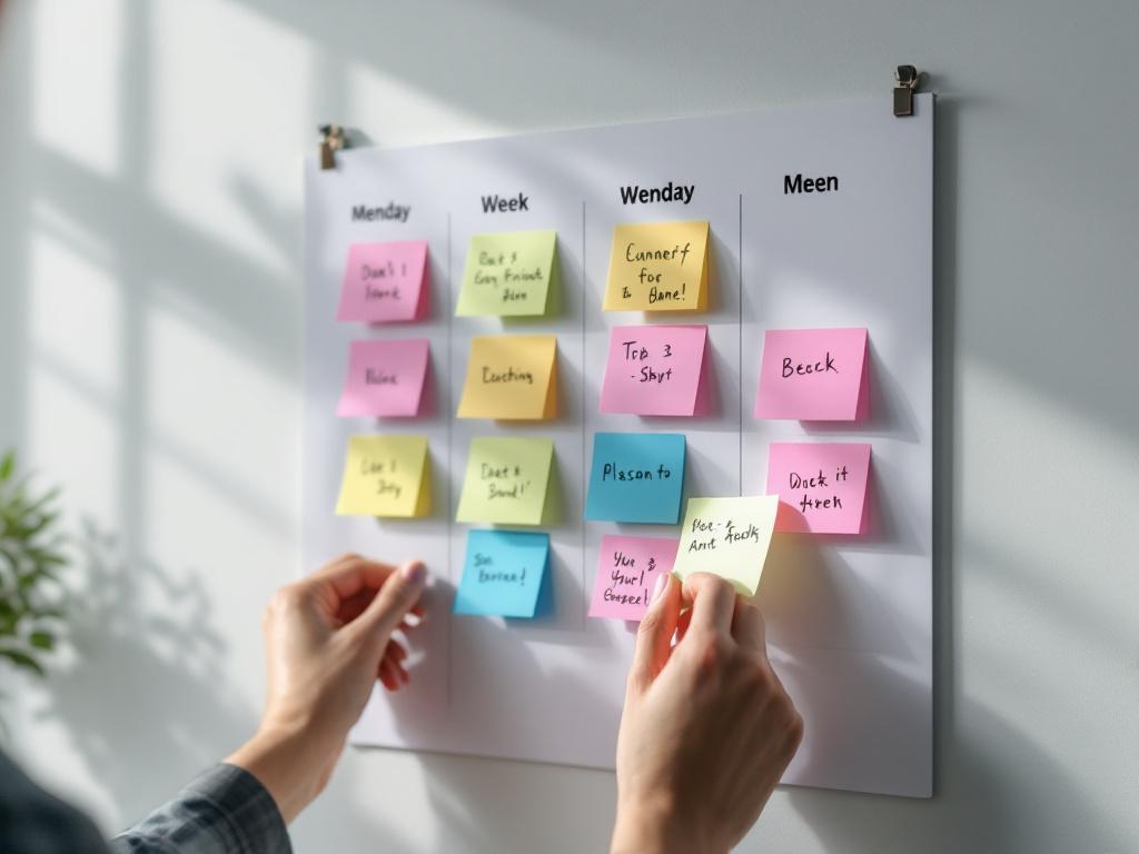 Een vierwekskalender wandplannerig met gekleurde sticky notes. Elke week heeft 2–3 sticky notes met handgeschreven acties zichtbaar. Handen van een persoon (geen gezicht) plaat sticky note. Daglicht, modern kantoor.