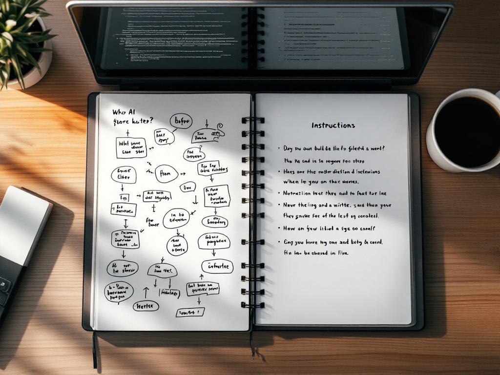 Toma aérea de una pantalla de portátil dividida entre un diagrama de flujo manuscrito desordenado en una libreta a la izquierda y una lista de instrucciones digitales limpias y estructuradas a la derecha. Iluminación cálida del escritorio, taza de café parcialmente en el encuadre. Captura la tensión antes/después
