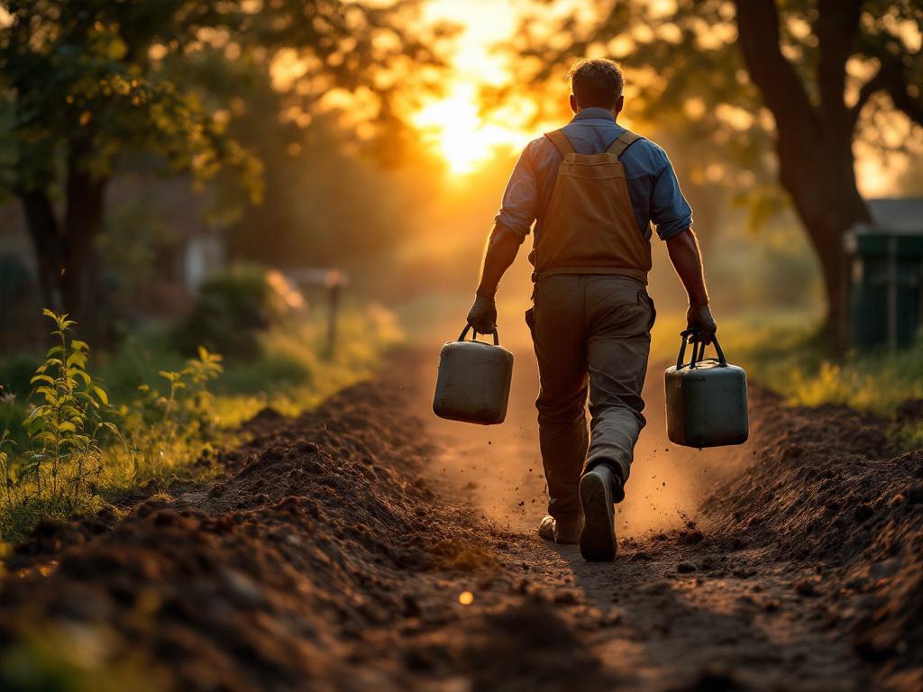 Wide-angle shot of a farmer mid-carry across a yard at golden hour, two heavy implements (jerry cans or feed sacks) hanging at their sides, shoulders packed, spine neutral, work boots in dirt. Real worker, not a fitness model. Caption: The farmers wa