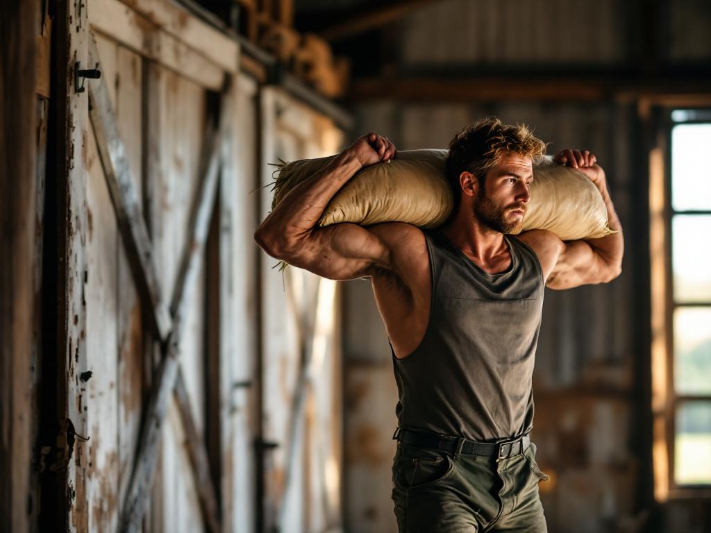 Side-profile of farmer mid-carry showing correct posture — shoulders packed, spine neutral, load hanging at arms' length. Outdoor barn setting, natural light. Caption: Shoulders packed, spine stacked, load hanging clean. The position is the whole exe