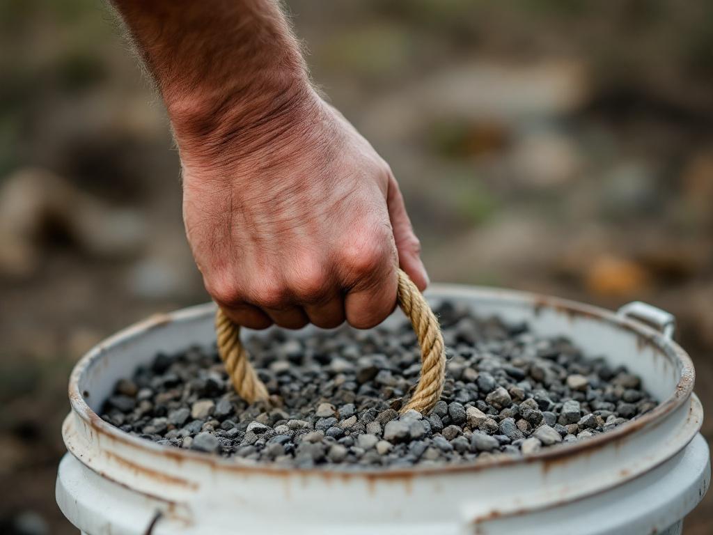 Close-up of a hand gripping a rope handle on a 5-gallon bucket filled with gravel, knuckles white, forearm engaged. Working hand, not a model's hand. Caption: Improvised loads beat no loads. Grip trains the same regardless of what's in your hand.