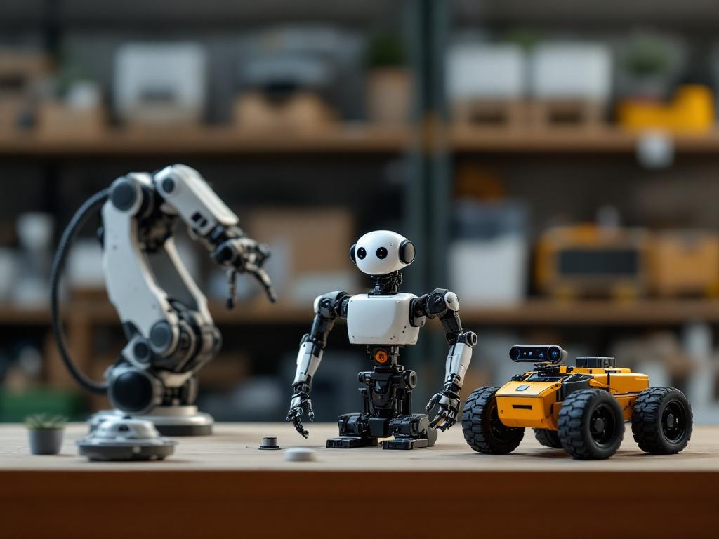 Hero image — a workbench shot showing three robots staged together: a 6-DOF industrial manipulator (Franka Panda or UR5-style), a quadruped (Unitree Go2-style) mid-stride, and a tabletop wheeled rover with a visible LiDAR puck. Shot from low 3/4 angl