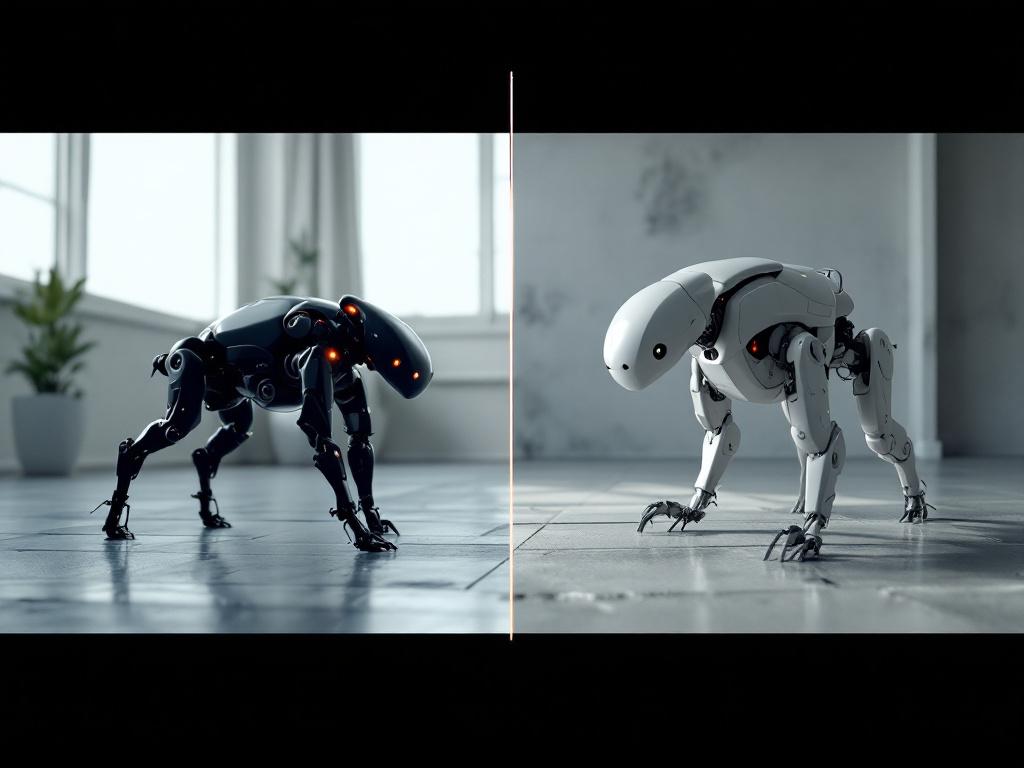 Split-frame side-by-side — left half is a screenshot of a quadruped walking in NVIDIA Isaac Sim with physics debug overlay and contact force vectors visible; right half is the same quadruped (Unitree Go2 or similar) walking on a real concrete floor. 
