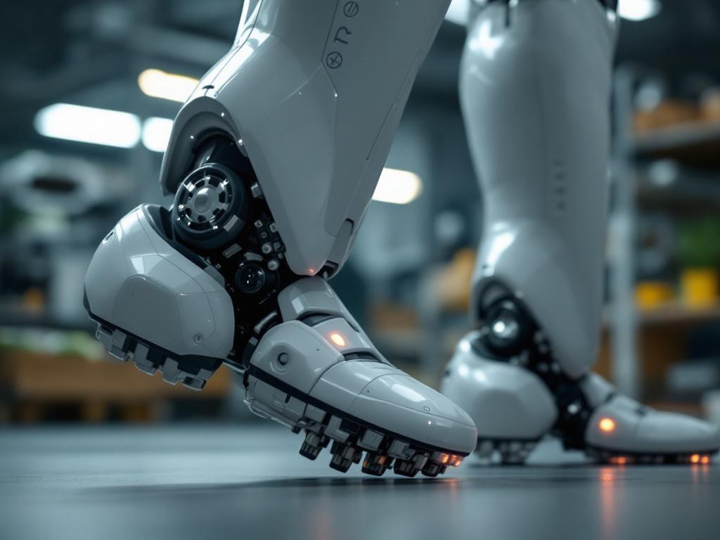 Close-up of a humanoid robot mid-step (one foot in air, one in contact), shot in a lab setting with mocap markers visible. Caption: "At 500 Hz, this robot decides where its foot goes every 2 milliseconds. Slip a deadline and gravity wins."