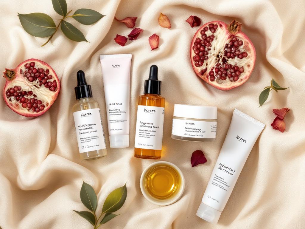 Flat-lay of 4–5 iconic Korres products (Wild Rose vitamin C serum, Pomegranate balancing cream-gel, Greek Yoghurt mask, Apothecary face cream) arranged on warm cream linen with a halved pomegranate, dried rose petals, and a small ceramic dish of oliv
