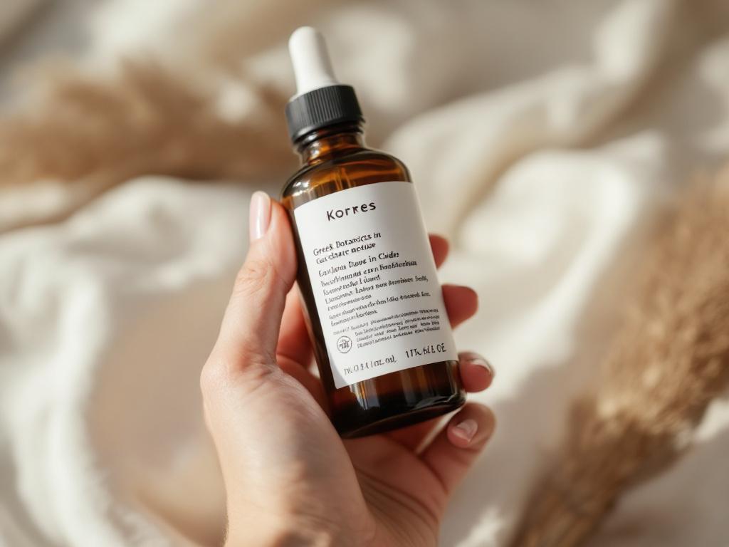 Macro close-up of a Korres product label, shot at a tight angle so the INCI list is legible. A real shopper's hand holding the bottle in good natural lighting — not a sterile product shot.