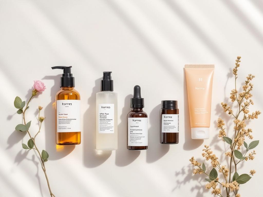 A 5-step routine flat-lay — two Korres products (e.g., Wild Rose serum + Pomegranate moisturiser) alongside three non-Korres items (a simple hydrating toner, a single-active treatment serum, a mineral SPF). Numbered overlays 1–5 indicate application 